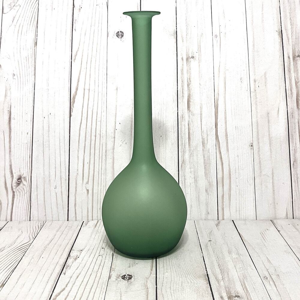 Vintage Mid Century Italian Green Satin Glass Bud Vase Tall Vase Long Neck